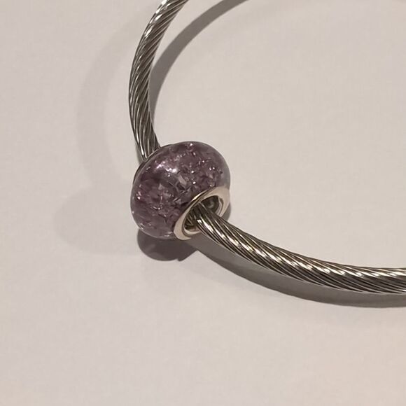 Silver Purple "Crushed Glass" Charm for Pandora Style Bracelet - Picture 3 of 4